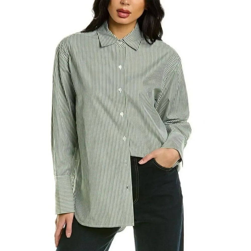 Rebecca Taylor Stripe Button Down Cotton Shirt in Green Stripe NWT Size Large